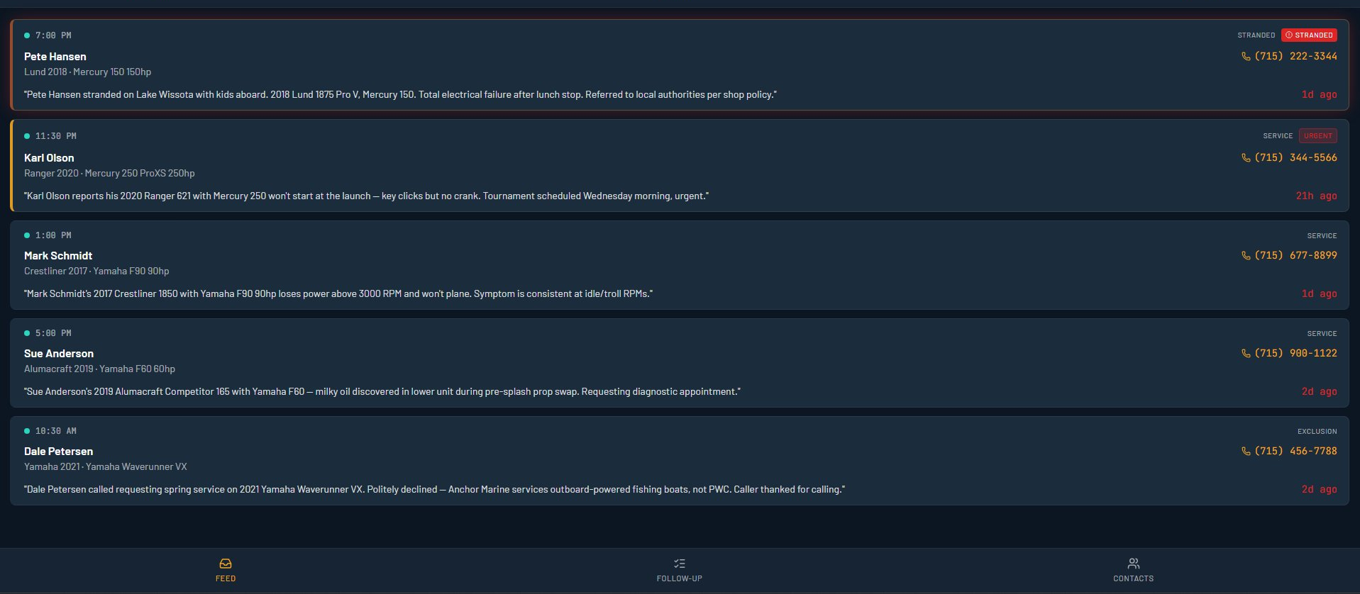 Helm inbox showing five recent calls with caller names, vessels, urgency flags, and AI summaries